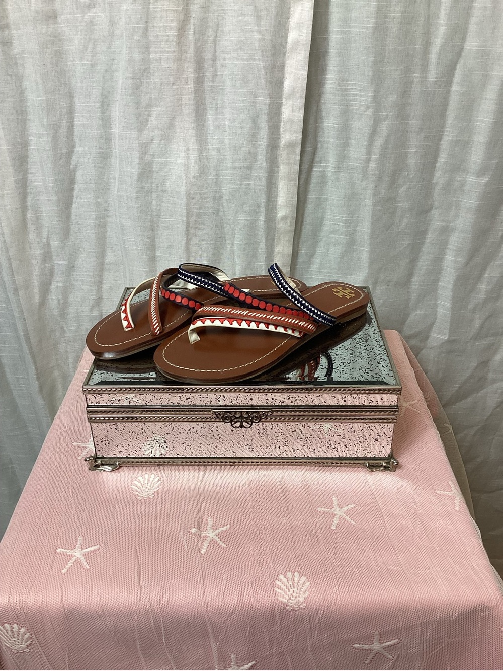 Tory Burch Patos Embroidered Leather Sandals; Size: 8.5